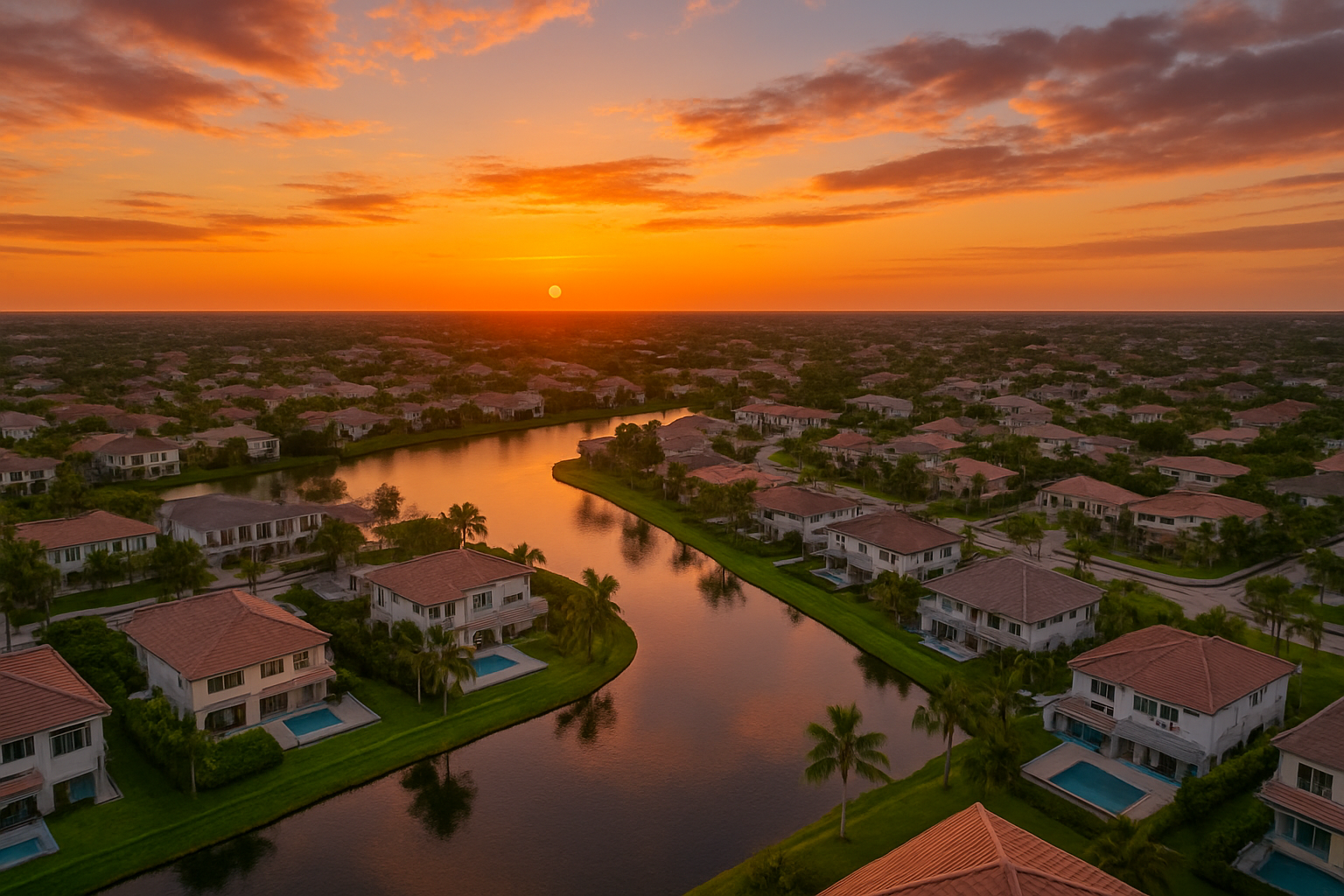 Aerial view of a South Florida waterfront community at sunset